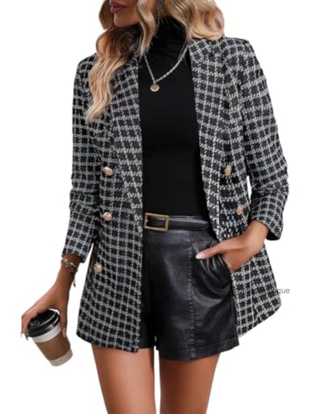 Womens Plaid Tweed Blazer Long Sleeve Double Breasted Work Suit Jacket